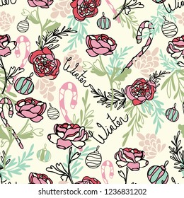 Vector Ivory Christmas Roses Seamless Pattern. Perfect for fabrics, scrapbooking, wallpaper projects.