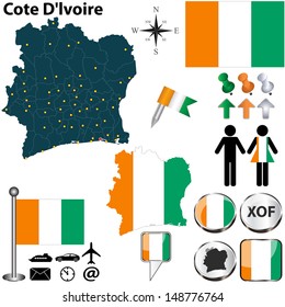 Vector of Ivory Coast (Cote D'lvoire) set with detailed country shape with region borders, flags and icons