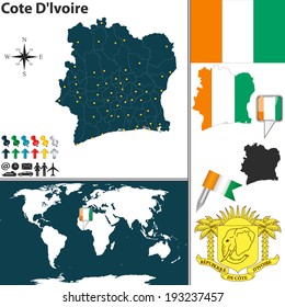 Vector of Ivory Coast (Cote D'lvoire) set with detailed country shape with region borders, flags and icons