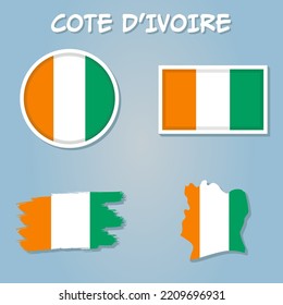 Vector of Ivory Coast country outline silhouette with flag set.