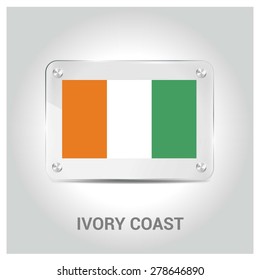Vector Ivory Coast Flag glass plate with metal holders - Country name label in bottom - Gray background vector illustration