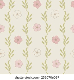 Vector Ivory, green and pink floral seamless pattern. This pattern has vertical leaf stripes and is perfect for wallpaper or wrapping paper. Artwork is hand-drawn and recreated in Adobe illustrator.