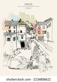 Vector Ivrea, Italy, Europe touristic postcard. A town in the Piedmont region of northwestern Italy. Beautiful old buildings and bridge. Travel sketch. Artistic hand drawn vintage book illustration