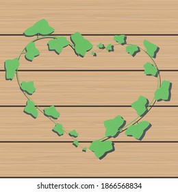 Corazón vectorial Ivy de rama sobre fondo de madera, marco con espacio de copia, concepto de amor