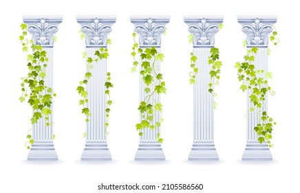 Vector Ivy Column. Greek Marble Architecture Pillar Set With Green Ivy Leaf. Illustration With Vine Plant Climbing On Antique Column. Ancient Roman, Greek Design Watercolor Decoration For Wedding, Etc