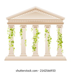 Vector ivy column. Greek marble architecture pillar set with green ivy leaf. Illustration with vine plant climbing on antique column. Ancient roman, greek design watercolor decoration for wedding, etc