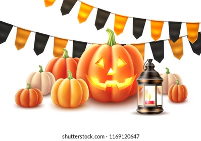 Vector jack o lanterns scary pumpkin face and gourd vegetables set for halloween holiday realistic with bunting flags. Traditional holiday decoration, autumn trick or treat kids event vegetable.