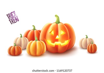 Vector jack o lanterns scary pumpkin face and gourd vegetables set for halloween holiday realistic symbol isolated. Traditional holiday decoration, autumn trick or treat kids event vegetable.
