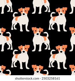 Vector Jack Russell breed dog on black background seamless pattern.