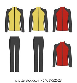 Chaqueta y pantalones vectoriales, traje deportivo negro con inserciones de color aislado en fondo blanco