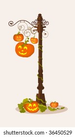 Vector of Jack-o-lanterns hanging from lamppost