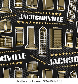 Vector Jacksonville Seamless Pattern, repeating background with illustration of famous jacksonville city scape on dark background for wrapping paper, line art urban poster with white text jacksonville