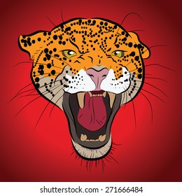 Vector jaguar portrait. Jaguar head on red background.