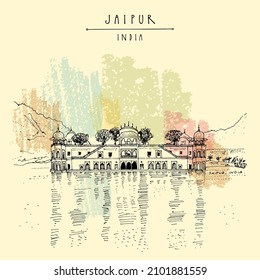 Vektor Jaipur, Rajasthan, Indien Postkarte. Jal Mahal (Wasserpalast) wurde 1699 am See Man Sagar erbaut. Reiseschilderzeichnung. Vintage handgezeichnete touristische Postkarte, Poster, Broschüre