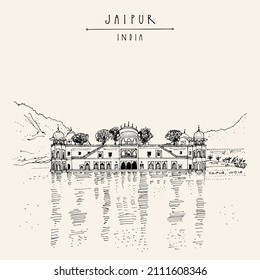 Vector Jaipur, Rajasthan, India Postcard. Jal Mahal (Water Palace) Built In 1699 On Man Sagar Lake. Travel Sketch Line Drawing. Vintage Hand Drawn Touristic Postcard, Poster, Brochure Illustration