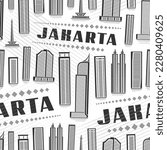 Vector Jakarta Seamless Pattern, square repeat background with illustration of asian jakarta city scape on white background for wrapping paper, monochrome line art urban poster with black text jakarta