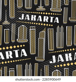 Vector Jakarta Seamless Pattern, square repeat background with illustration of asian jakarta city scape on dark background for wrapping paper, decorative line art urban poster with white text jakarta