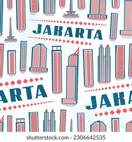 Vector Jakarta Seamless Pattern, square repeat background with illustration of famous jakarta city scape on white background for wrapping paper, decorative line art urban poster with blue text jakarta