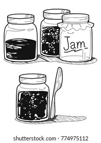 Vector, jam jar and wood butter knife ink hand drawn on white background