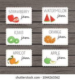 Vector jam labels in cartoon style. Bright and cute illustrations of strawberry, watermelon, kiwi, orange, apricot, apple cards for marmalade jars. Fruit banners on dark wooden background.