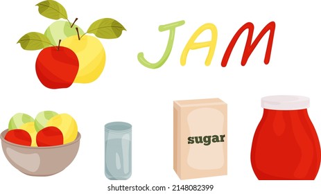 Vector jam of red, green, yellow apples. Jam recipe for a kitchen book.