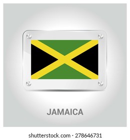 Vector Jamaica Flag glass plate with metal holders - Country name label in bottom - Gray background vector illustration