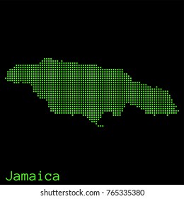 Vector Jamaica map dotted silhouette with green dots on a black background (as on old ancient computers running DOS)
