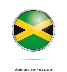 Vector Jamaican flag button. Jamaica flag glass button style with metal frame.