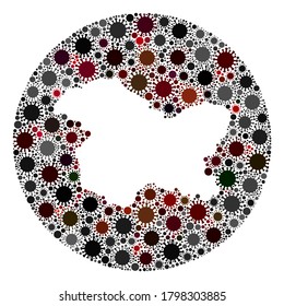 Collage del mapa del estado de Jammu y Cachemira vectorial del virus de la gripe. La infección ataca el territorio de bloqueo desde el espacio. Collage del mapa del estado de Jammu y Cachemira de círculo de hoyos diseñado con elementos de infección.
