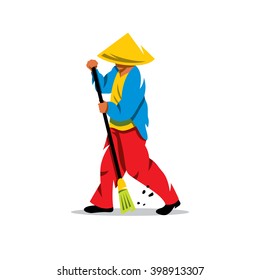 Vector Janitor Cartoon Illustration. A man with a broom sweeps the dust. Branding Identity Corporate unusual Logo isolated on a white background