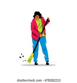 Vector Janitor. Flat style colorful Cartoon illustration. Woman with a broom sweeps the dust. Unusual Logo template isolated on a white background