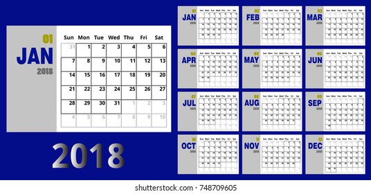 Vector January 2018 new year calendar blue and yellow color,Holiday event planner,Week Starts Sunday