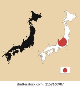 Vector Of Japan Country Outline Map With Flag Set Isolated On Plain Background. Silhouette Of Country Map Can Be Used For Template, Report, And Infographic.