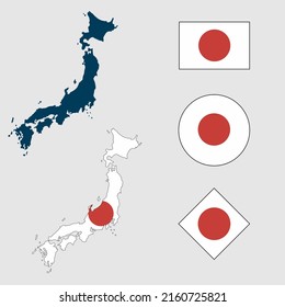 Vector Of Japan Country Outline Silhouette With Flag Set Isolated On White Background. Collection Of Japan Flag Icons With Square, Circle, Rectangle And Map Shapes.