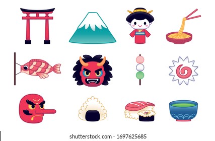 Vector Japan Cute Cartoon Set Typical Elements of Japan Isolated