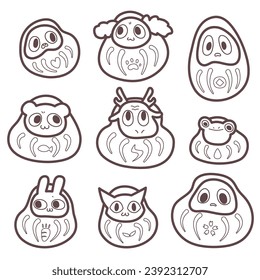 vector japan festival kawaii daruma and animal daruma line drawing
