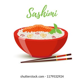 Vector Japan food in cartoon style - sashimi in red bowl. Salmon fish, shiso herb with rice - meal for restaurant. Wooden chopsticks , plate for menu.