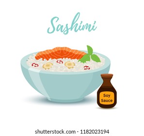 Vector Japan food in cartoon style - sashimi in red bowl with soy sauce. Salmon fish, shiso herb with rice - meal for restaurant. Wooden chopsticks , plate for menu.