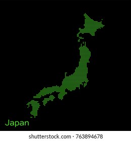 Vector Japan map dotted silhouette with green dots on a black background (as on old ancient computers running DOS)