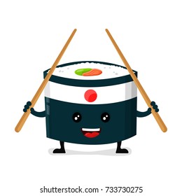 Vector japan ninja sushi with chinese sticks flat design cartoon character illustration. Sushi roll Isolated on white background. menu concept