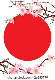 vector japan sakura or cherry tree blossoming brunches with pink (honeysuckle) detailed flowers and japan symbol red circle symbolizing the sun