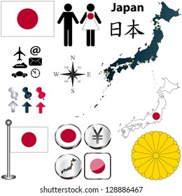 Vector of Japan set with detailed country shape with region borders, flags and icons