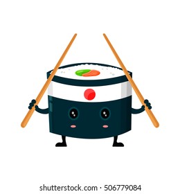 Vector japan sushi  ninja  with sticks flat design cartoon character illustration. Sushi roll Isolated on white background