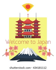 Vector japan travel banner or voucher background template. Concept for travel agency, japan culture flyer, banner design. Flat cartoon style