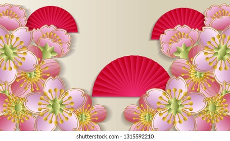 Vector Japanese background design. Cherry blossoms and fan background. - Vector