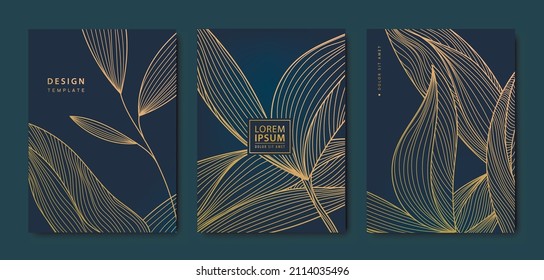 Vector Japanese Background With Gold Texture. Luxury Black Wavy Line Pattern. Premium Backdrop For Business Layout, Texture For Print, Poster, Book, Cover. Leaves, Plant, Nature