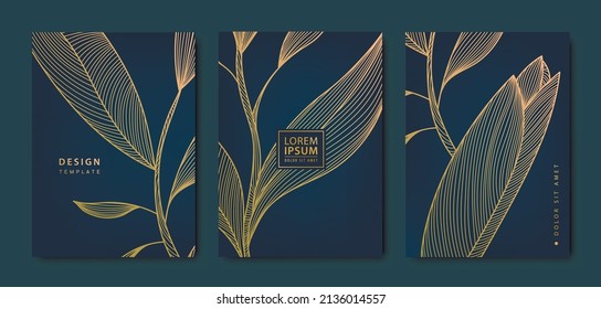 Vector japanese background with Gold texture. Luxury black wavy line pattern. Premium backdrop for business layout, texture for print, poster, book, cover. Leaves, plant, nature