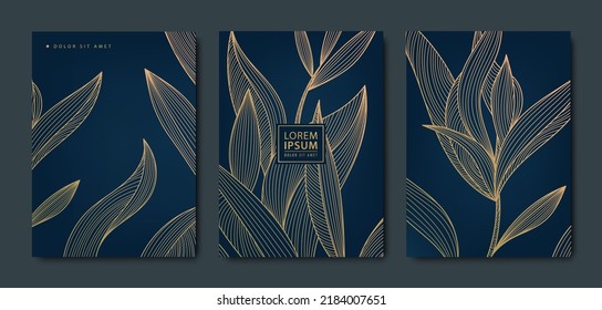 Vector japanese background with Gold texture. Luxury black wavy line pattern. Premium backdrop for business layout, texture for print, poster, book, cover. Leaves, plant, nature