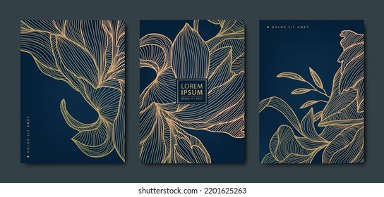 Vector japanese background with Gold texture. Luxury black wavy line pattern. Premium backdrop for business layout, texture for print, poster, book, cover. Leaves, flowers, plant, nature