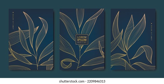 Vector japanese background with gold texture. Luxury black wavy line pattern. Premium backdrop for business layout, texture for print, poster, book, cover. Leaves, plant, nature